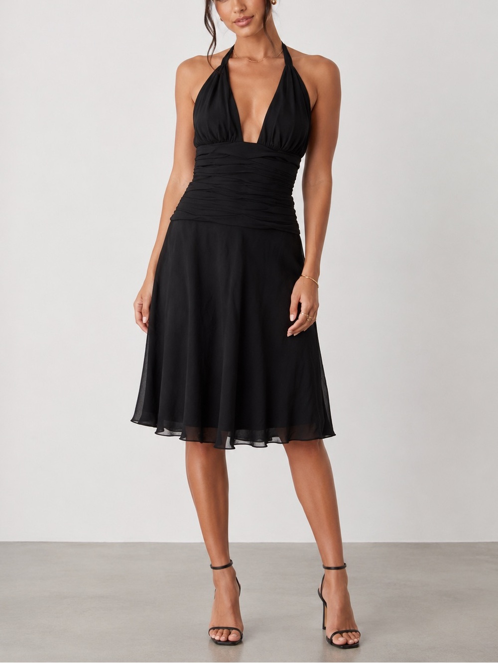 Forever 21 Black Silk Halter Dress Y2K Plunge Backless Cocktail Party M